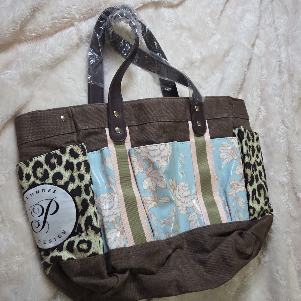 New With Plastic Plunder Design Brown and Blue Floral Tote with Leopard Accents